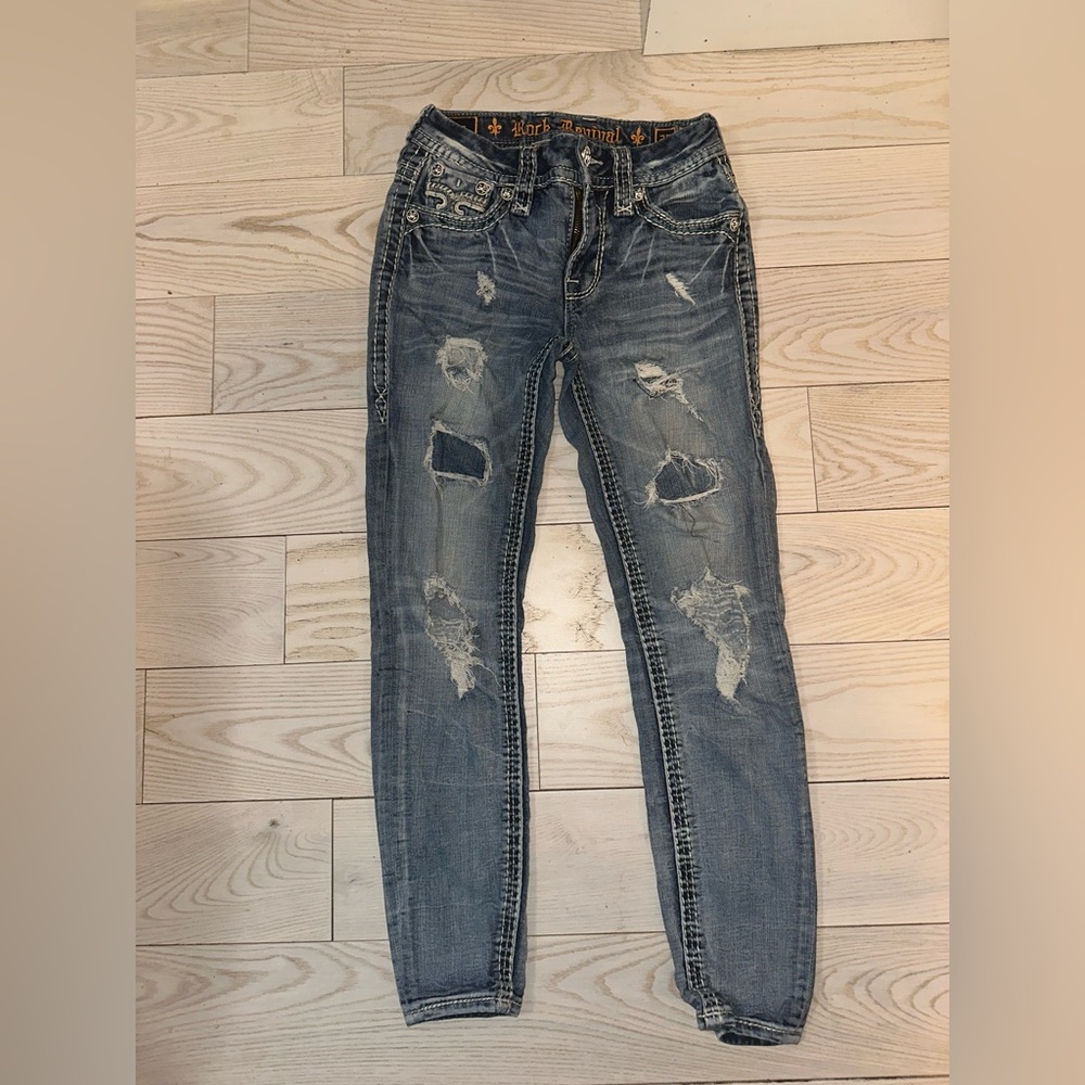 Rock Revival Vien Mid-Rise Ankle Skinny Jeans Size 25 Distressed Fleur De Lis